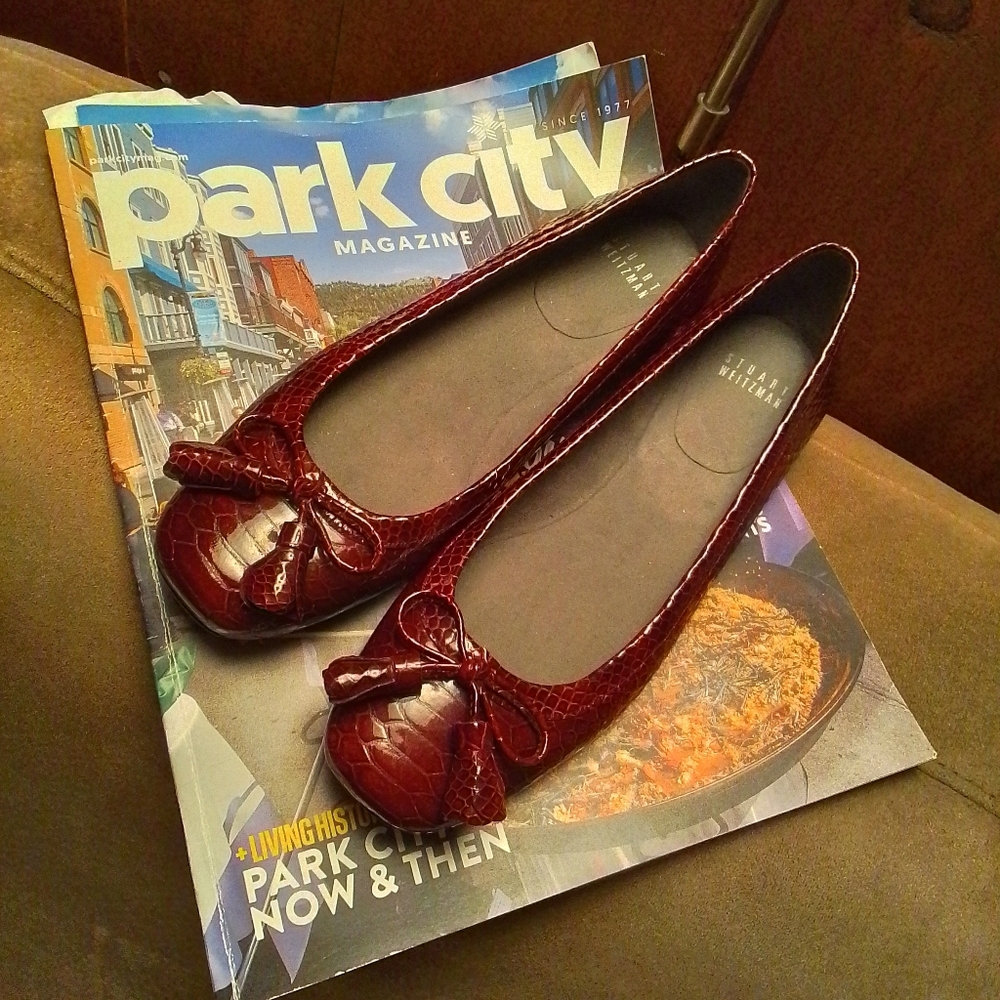 Stuart Weitzman Glossy Maroon Flats with Bow